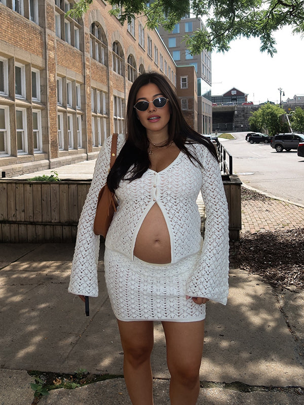 Momsmood White Knit Hollow Out Two Piece Set Single Breasted Flare Sleeve Deep V-neck Crop Cardigan And Bodycon Mini Skirt Chic Daily Going Out Crochet Outfit Maternity Photoshoot Baby Shower Mini Dress