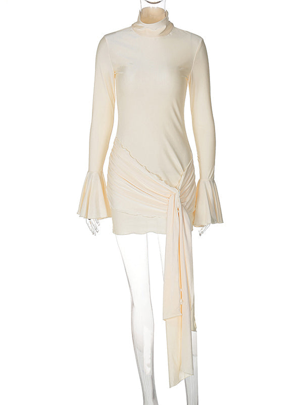 Momsmood Solid Color Cascading Ruffle Irregular High Neck Draped Bodycon Falbala Elegant Flare Sleeve Bandage Party Baby Shower Maternity Mini Dress
