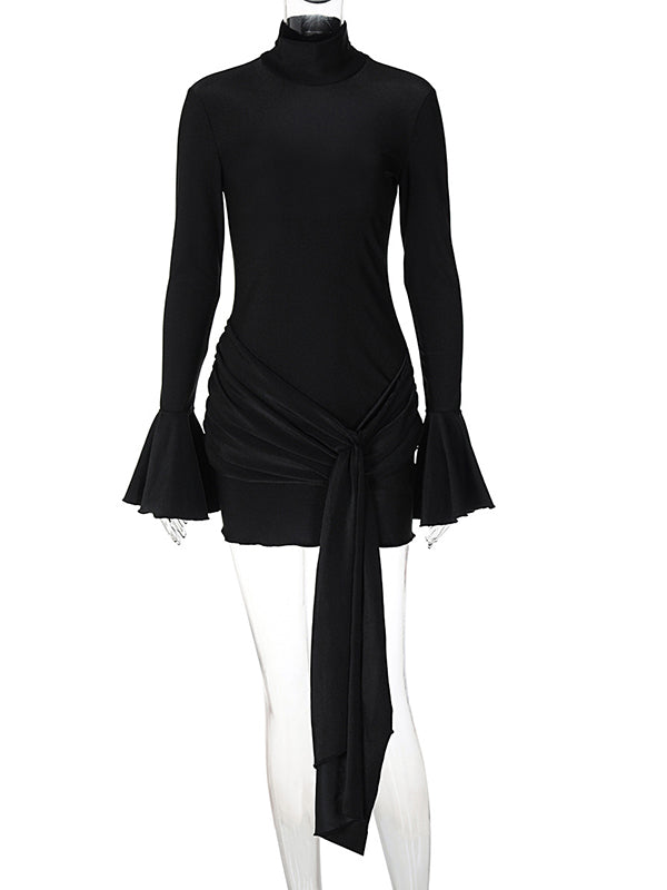 Momsmood Solid Color Cascading Ruffle Irregular High Neck Draped Bodycon Falbala Elegant Flare Sleeve Bandage Party Baby Shower Maternity Mini Dress
