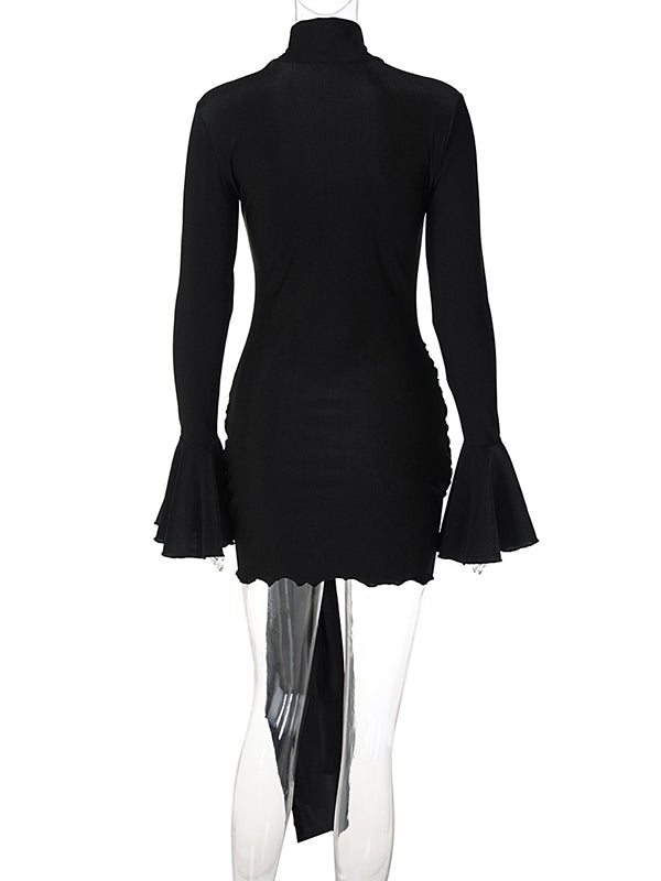 Momsmood Solid Color Cascading Ruffle Irregular High Neck Draped Bodycon Falbala Elegant Flare Sleeve Bandage Party Baby Shower Maternity Mini Dress