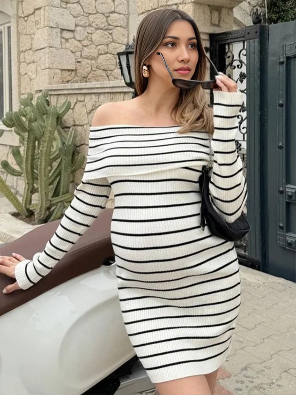 Momsmoods Apricot Striped Knit Off Shoulder Long Sleeve Bodycon Elegant Maternity Going Out Mini Sweater Dress