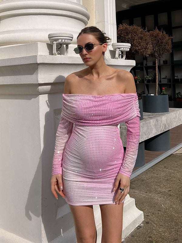 Momsmood Pink Gradient Color Glitter Sequin Off Shoulder Ruched Bodycon Chic Party Elegant Maternity Photoshoot Mini Dress