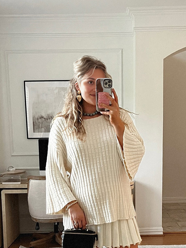 Momsmood Oversized Flare Sleeve Sweater And Pleated Mini Skirt Knit Two Piece Set Elegant Daily Going Out Maternity Baby Shower Mini Dress