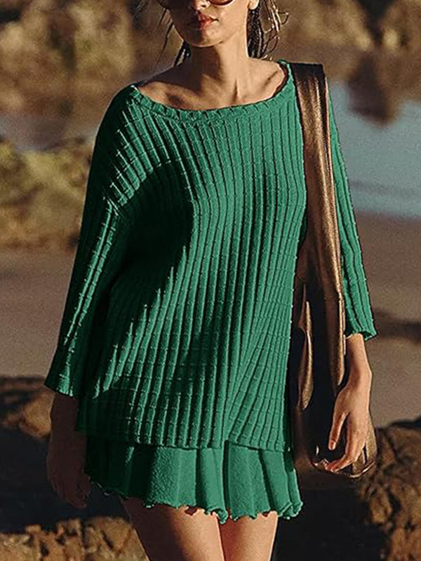 Momsmood Oversized Flare Sleeve Sweater And Pleated Mini Skirt Knit Two Piece Set Elegant Daily Going Out Maternity Baby Shower Mini Dress