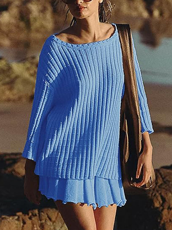 Momsmood Oversized Flare Sleeve Sweater And Pleated Mini Skirt Knit Two Piece Set Elegant Daily Going Out Maternity Baby Shower Mini Dress