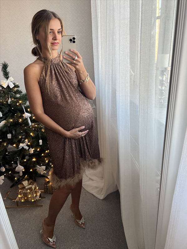 Momsmood Glitter Sequin Feather Bow Halter Neck A-line Elegant Christmas Party Maternity Baby Shower Mini Dress