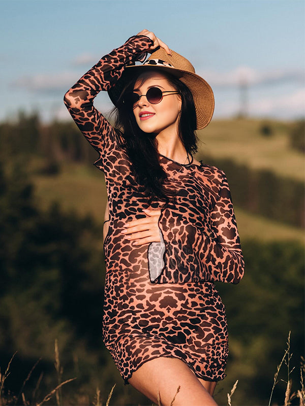 Momsmood Brown Leopard Backless Flare Sleeve Sheer Fashion Photoshoot Maternity Mini Dress