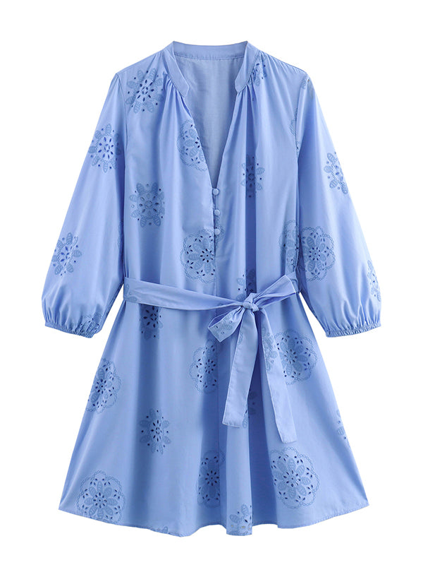 Momsmood Blue Cut Out Belt Elbow Puff Sleeve Gender Reveal Baby Shower Maternity Mini Dress