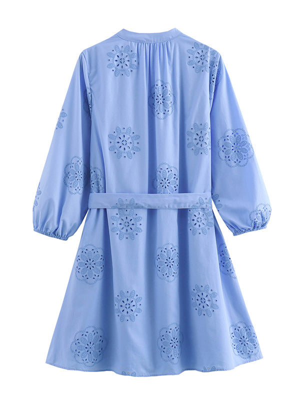 Momsmood Blue Cut Out Belt Elbow Puff Sleeve Gender Reveal Baby Shower Maternity Mini Dress