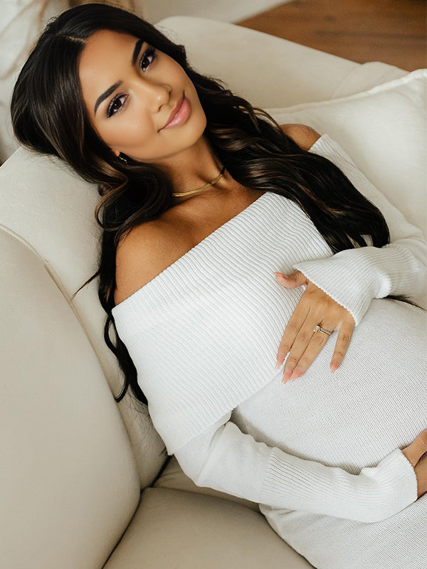 Momsmood Off Shoulder Knit Bodycon Mermaid Going Out Baby Shower Maternity Sweater Maxi Dress