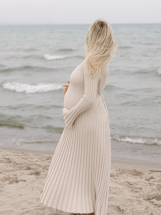 Momsmood Solid Color Sashes Knit Lace-up High Waist Going Out Photoshoot Maternity Sweater Maxi Dress