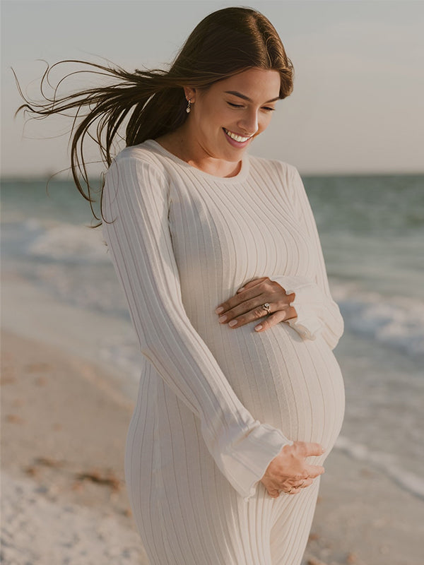 Momsmood Solid Color Sashes Knit Lace-up High Waist Going Out Photoshoot Maternity Sweater Maxi Dress