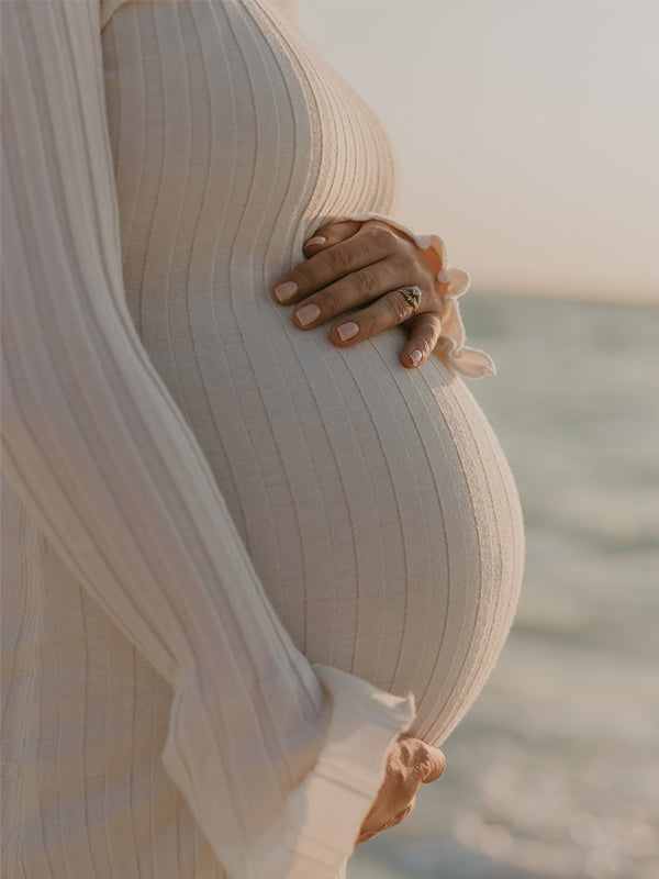 Momsmood Solid Color Sashes Knit Lace-up High Waist Going Out Photoshoot Maternity Sweater Maxi Dress