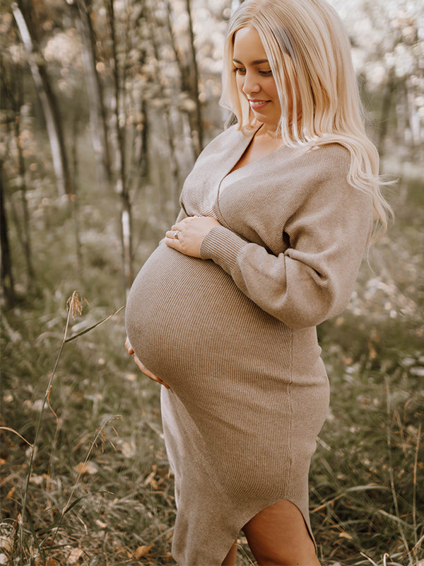 Momsmood Knit Solid Color Sashes V-Neck Double Split Backless Bodycon Photoshoot Maternity Sweater Midi Dress