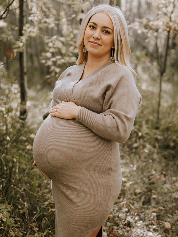 Momsmood Knit Solid Color Sashes V-Neck Double Split Backless Bodycon Photoshoot Maternity Sweater Midi Dress