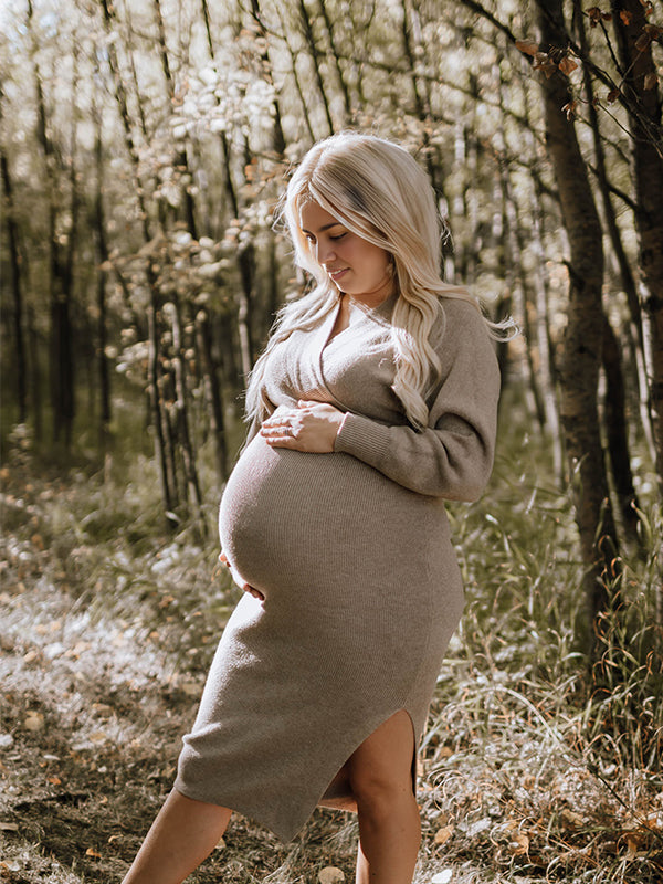Momsmood Knit Solid Color Sashes V-Neck Double Split Backless Bodycon Photoshoot Maternity Sweater Midi Dress