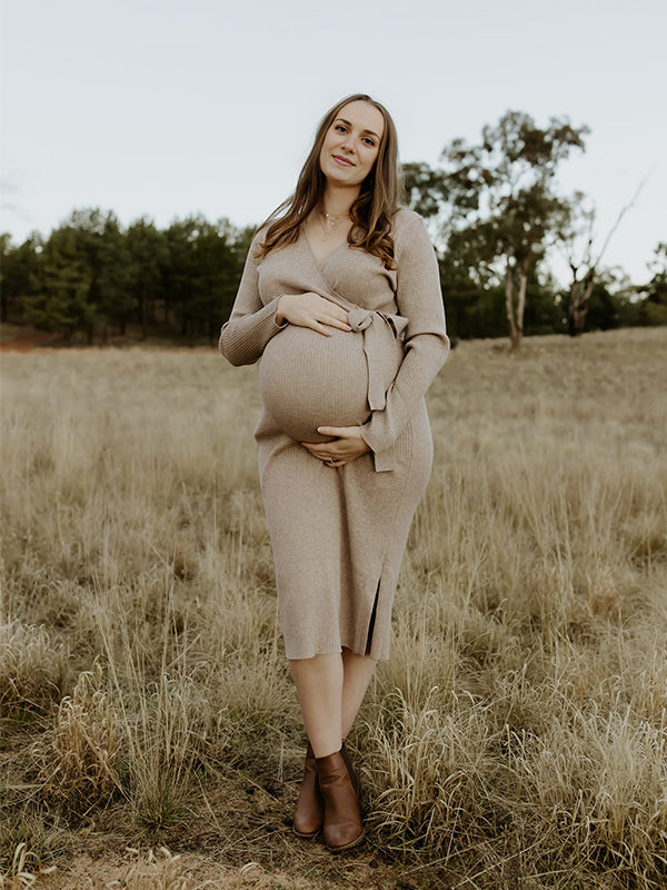 Momsmood Knit Solid Color Sashes V-Neck Double Split Backless Bodycon Photoshoot Maternity Sweater Midi Dress