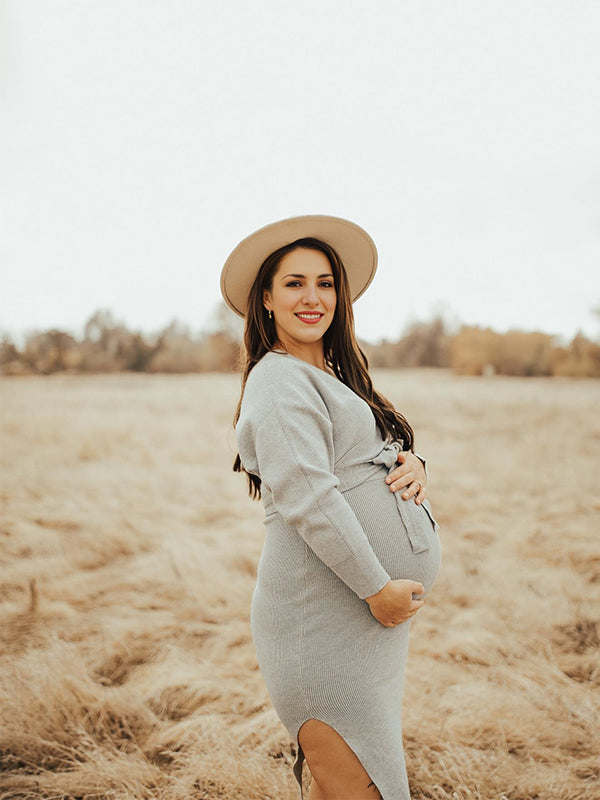 Momsmood Knit Solid Color Sashes V-Neck Double Split Backless Bodycon Photoshoot Maternity Sweater Midi Dress