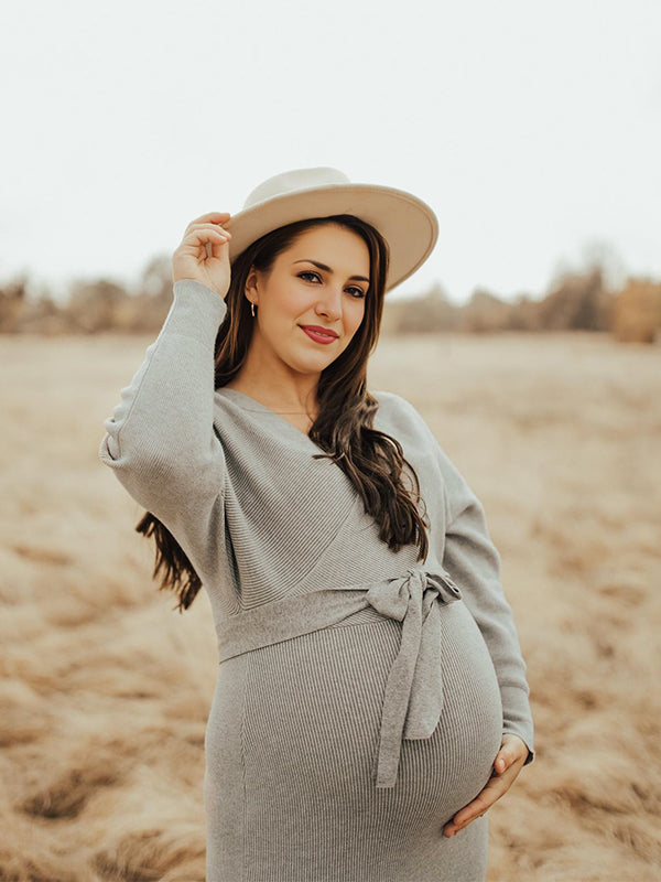 Momsmood Knit Solid Color Sashes V-Neck Double Split Backless Bodycon Photoshoot Maternity Sweater Midi Dress