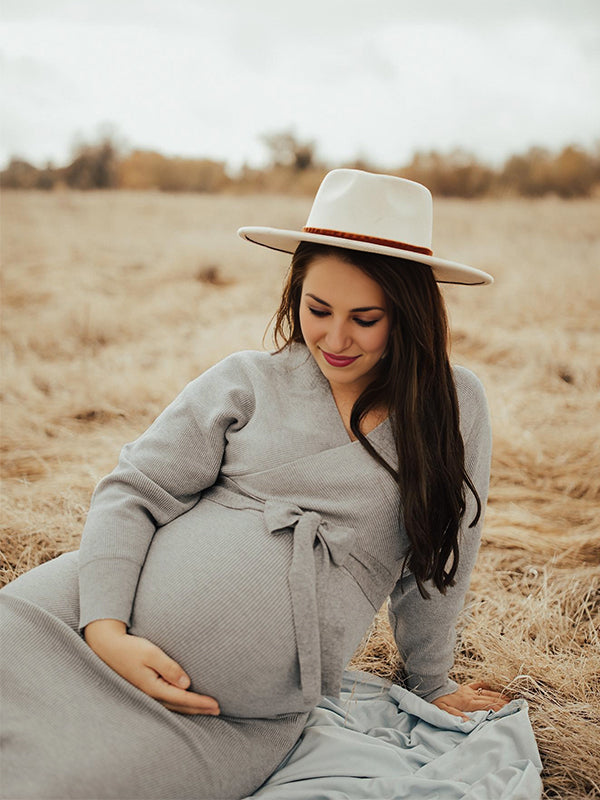 Momsmood Knit Solid Color Sashes V-Neck Double Split Backless Bodycon Photoshoot Maternity Sweater Midi Dress