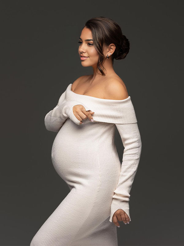 Momsmood Off Shoulder Slit Flare Sleeve Bodycon Elegant Photoshoot Baby Shower Maternity Maxi Sweater Dress