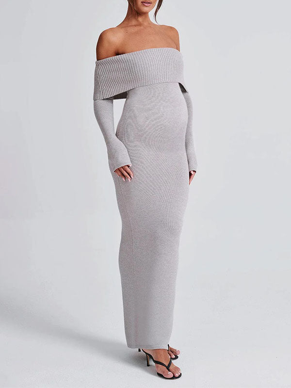 Momsmood Off Shoulder Back Slit Flare Sleeve Bodycon Elegant Photoshoot Maternity Maxi Sweater Dress
