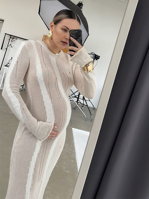 Momsmood Khaki Knit Striped Cut Out Flare Sleeve Bodycon Photoshoot Baby Shower Maternity Maxi Sweater Dress