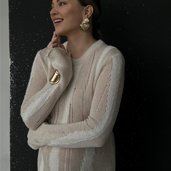 Momsmood Khaki Knit Striped Cut Out Flare Sleeve Bodycon Photoshoot Baby Shower Maternity Maxi Sweater Dress