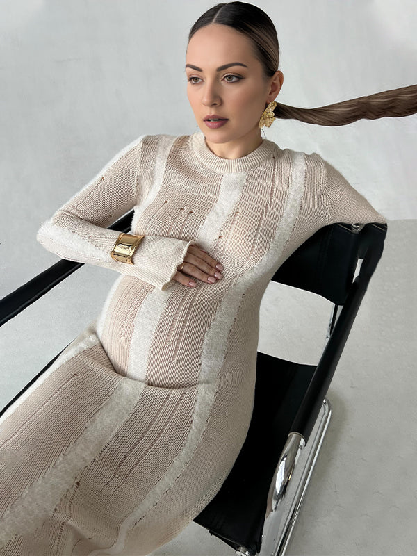 Momsmood Khaki Knit Striped Cut Out Flare Sleeve Bodycon Photoshoot Baby Shower Maternity Maxi Sweater Dress