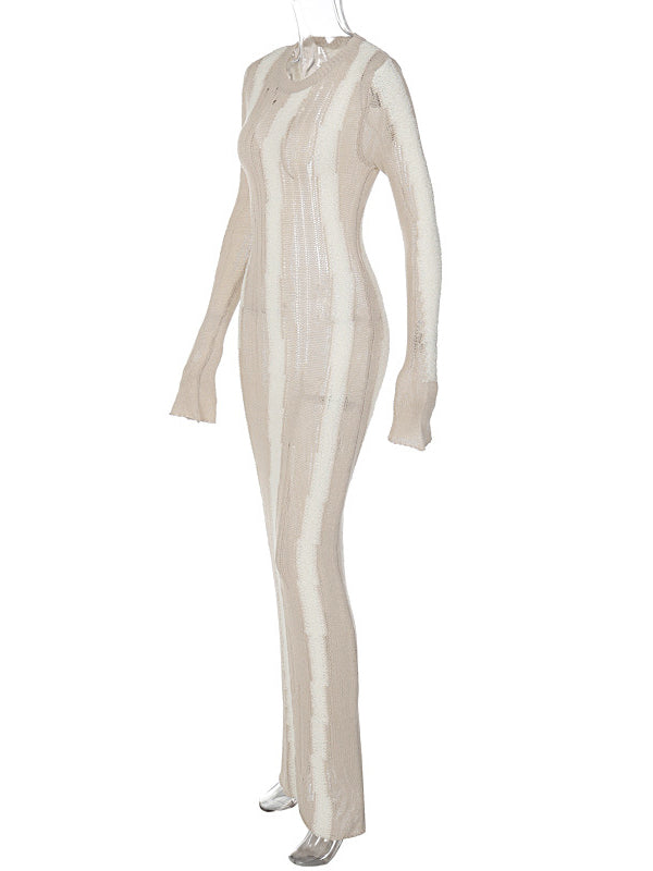 Momsmood Khaki Knit Striped Cut Out Flare Sleeve Bodycon Photoshoot Baby Shower Maternity Maxi Sweater Dress