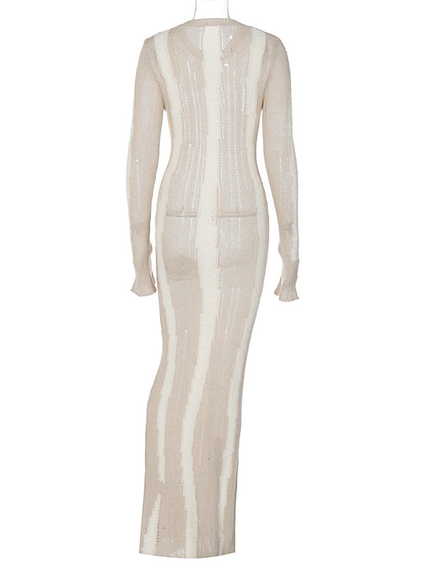 Momsmood Khaki Knit Striped Cut Out Flare Sleeve Bodycon Photoshoot Baby Shower Maternity Maxi Sweater Dress