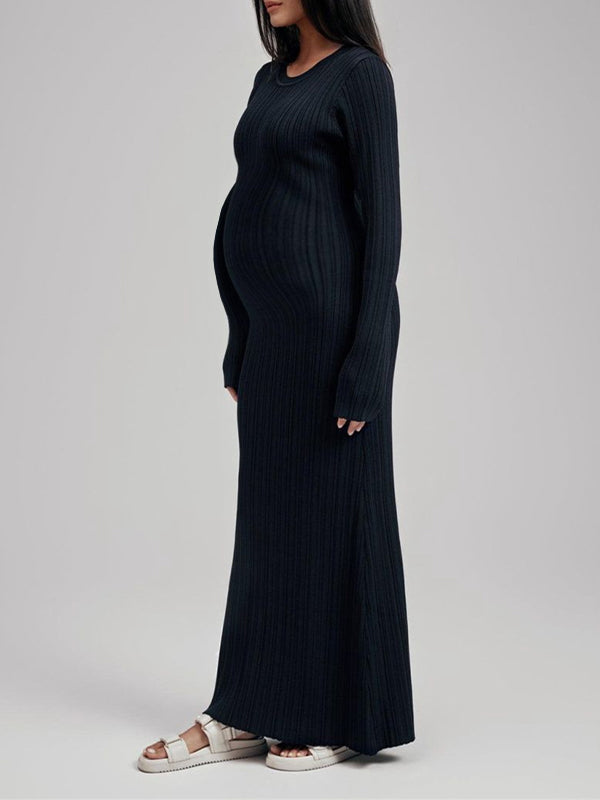 Momsmood Knit Solid Color Elegant Photoshoot Baby Shower Maternity Maxi Sweater Dress