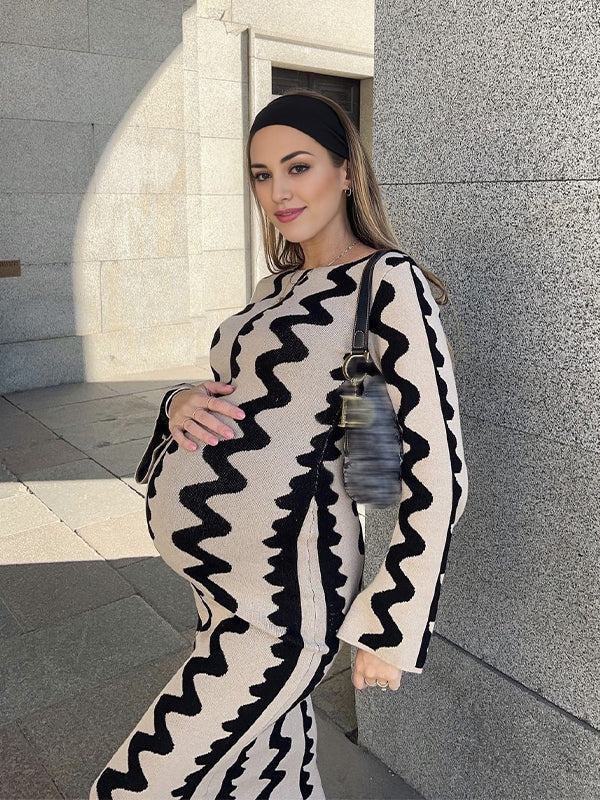 Momsmood Beige Wavy Edge Cut Out Bodycon Elegant Photoshoot Baby Shower Maternity Maxi Sweater Dress