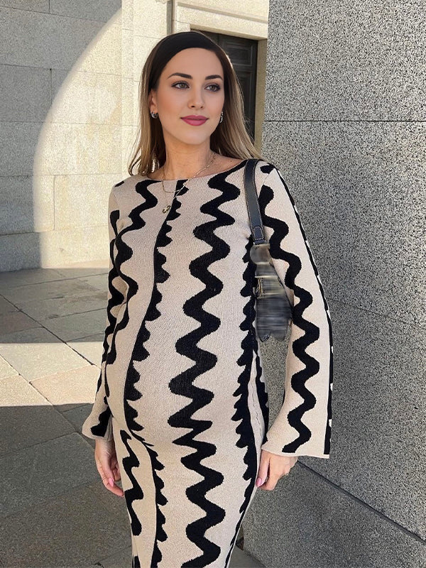 Momsmood Beige Wavy Edge Cut Out Bodycon Elegant Photoshoot Baby Shower Maternity Maxi Sweater Dress
