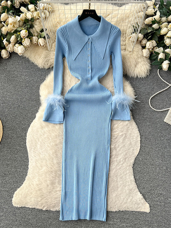 Momsmood Feather Slit Flare Sleeve Turndown Collar Bodycon Photoshoot Baby Shower Maternity Maxi Sweater Dress