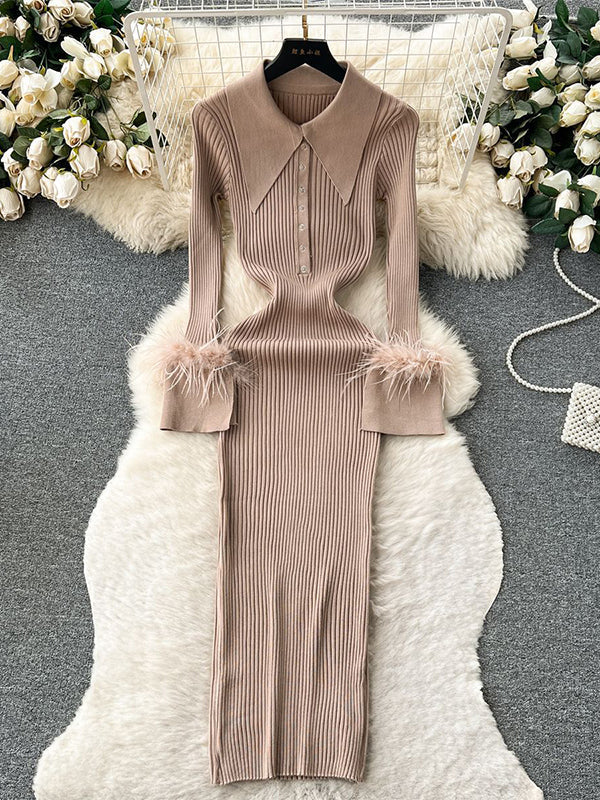 Momsmood Feather Slit Flare Sleeve Turndown Collar Bodycon Photoshoot Baby Shower Maternity Maxi Sweater Dress