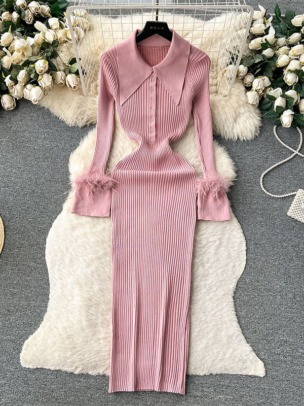 Momsmood Feather Slit Flare Sleeve Turndown Collar Bodycon Photoshoot Baby Shower Maternity Maxi Sweater Dress
