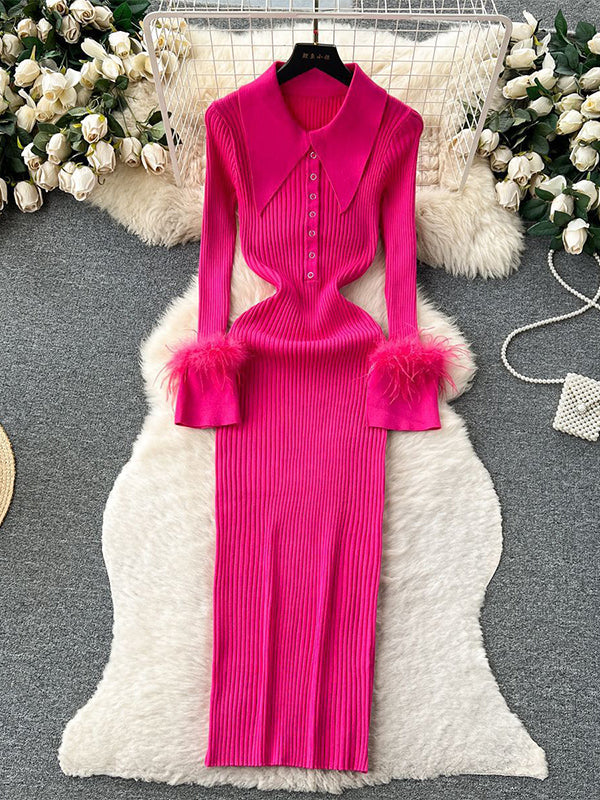 Momsmood Feather Slit Flare Sleeve Turndown Collar Bodycon Photoshoot Baby Shower Maternity Maxi Sweater Dress