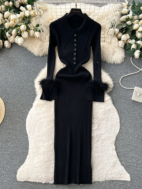 Momsmood Feather Slit Flare Sleeve Turndown Collar Bodycon Photoshoot Baby Shower Maternity Maxi Sweater Dress