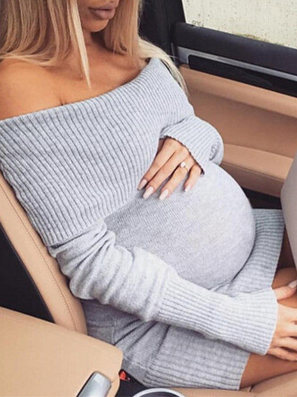 Momsmood Off Shoulder Solid Color Bodycon Daily Baby Shower Maternity Mini Sweater Dress