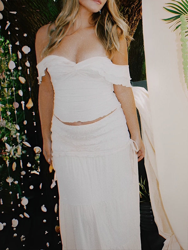 Momsmood Ivory White Two Piece Set Off Shoulder Ruffle Falbala Bodycon Elegant Maternity Boho Photoshoot Baby Shower Maxi Dress