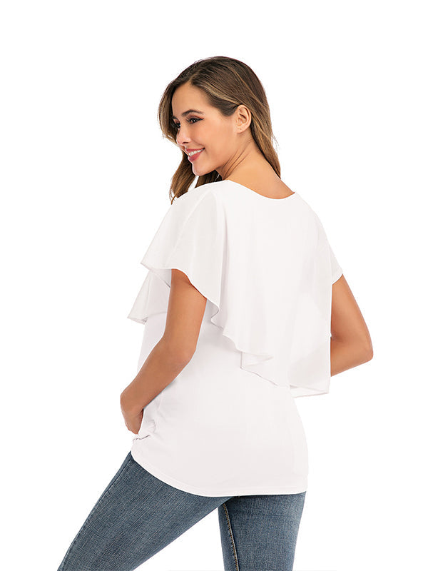 Momsmood Solid Color Chiffon Ruffle Falbala Round Neck Short Sleeve Breastfeeding T-shirt Basic Going Out Daily Maternity Nursing Top
