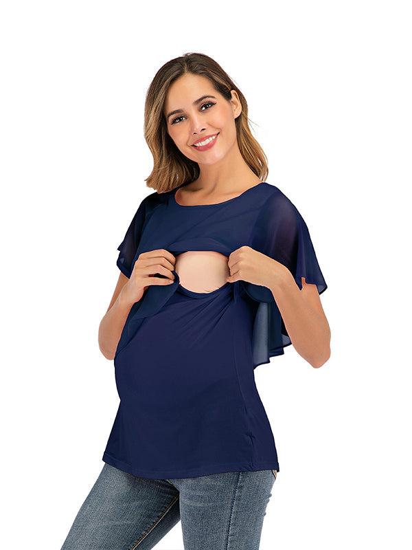 Momsmood Solid Color Chiffon Ruffle Falbala Round Neck Short Sleeve Breastfeeding T-shirt Basic Going Out Daily Maternity Nursing Top