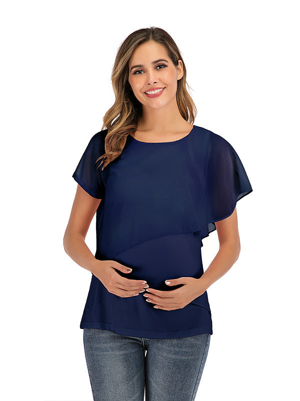 Momsmood Solid Color Chiffon Ruffle Falbala Round Neck Short Sleeve Breastfeeding T-shirt Basic Going Out Daily Maternity Nursing Top