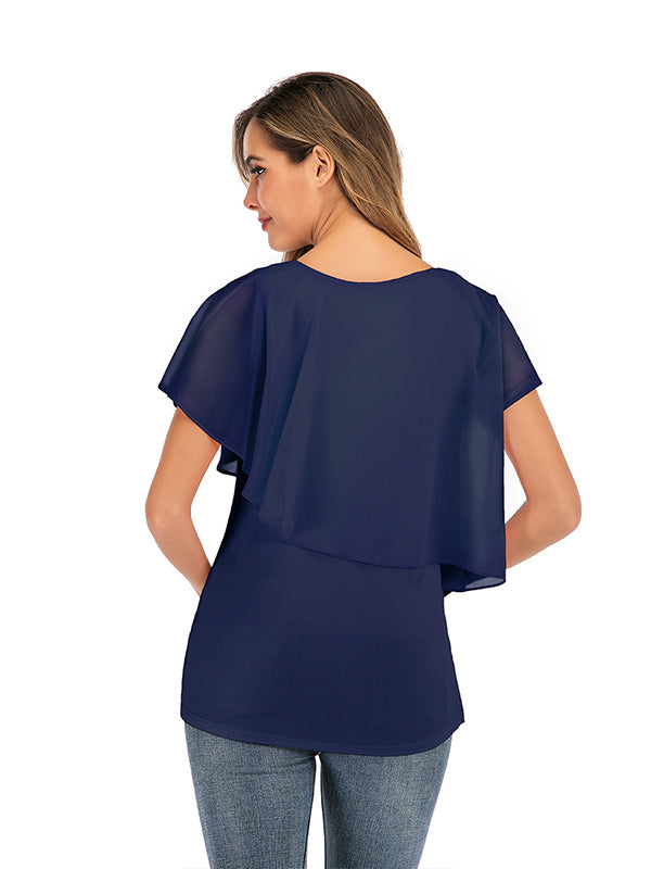 Momsmood Solid Color Chiffon Ruffle Falbala Round Neck Short Sleeve Breastfeeding T-shirt Basic Going Out Daily Maternity Nursing Top