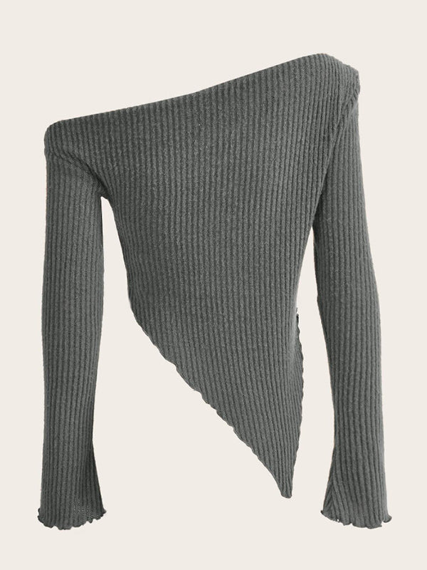 Momsmood Grey One Shoulder Irregular Ruffle Knit Fashion Daily Fashion Maternity Sweater Top