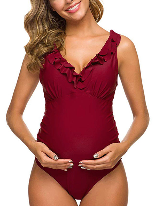 Momsmood Plus Size One Piece Falbala High Waisted Swimsuit Ruffles Deep V-neck Backless Push Up Bathing Suits Elegant Maternity Baby Moon Swimwear