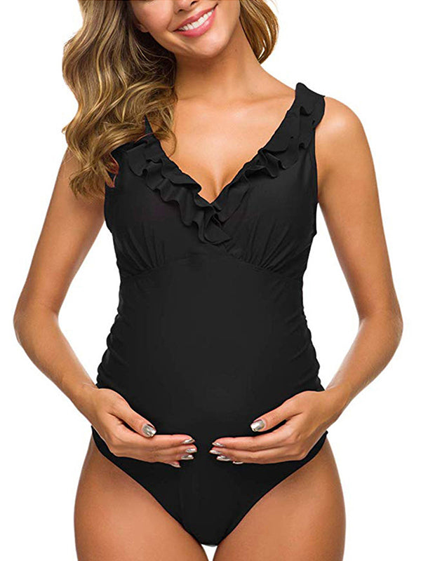 Momsmood Plus Size One Piece Falbala High Waisted Swimsuit Ruffles Deep V-neck Backless Push Up Bathing Suits Elegant Maternity Baby Moon Swimwear