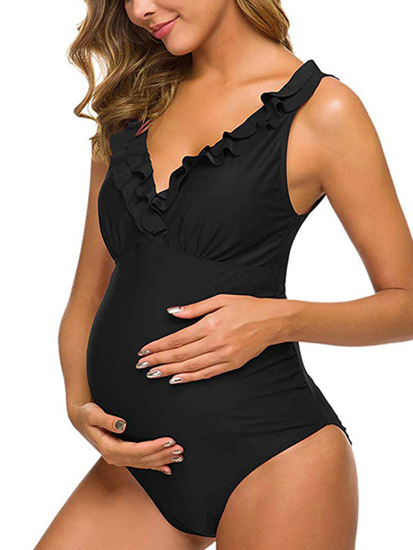 Momsmood Plus Size One Piece Falbala High Waisted Swimsuit Ruffles Deep V-neck Backless Push Up Bathing Suits Elegant Maternity Baby Moon Swimwear