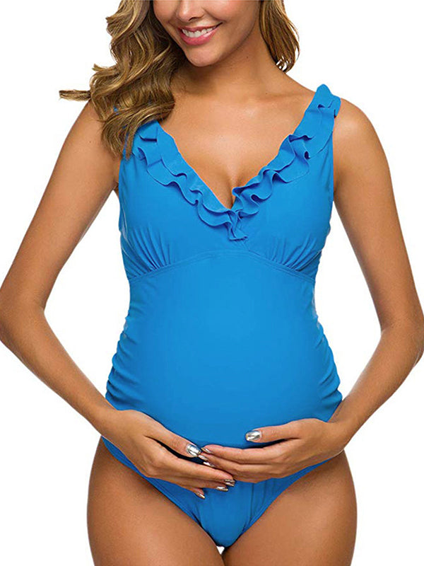 Momsmood Plus Size One Piece Falbala High Waisted Swimsuit Ruffles Deep V-neck Backless Push Up Bathing Suits Elegant Maternity Baby Moon Swimwear